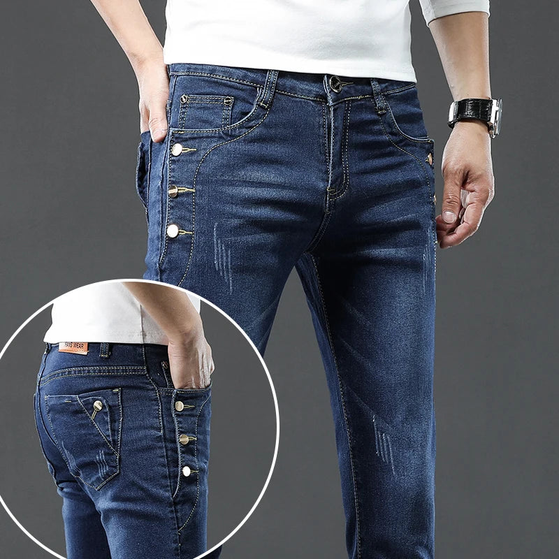 Button Jeans  Solid Color Stretch Multi-button  Denim Pants Streetwear