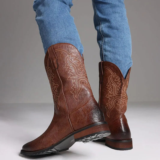 Plus size 12.5 Fashion Retro Square Toe Neutral Cowboy Boots Luxury Embroidered Concise Pull-on Western Boots