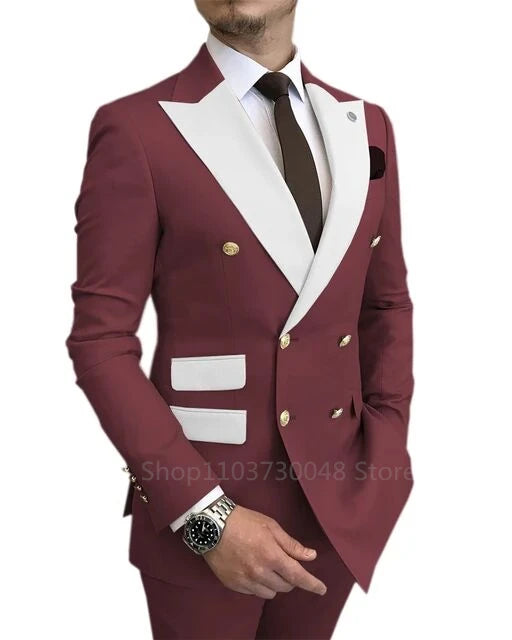 Slim Fit 2 Piece Wedding Men's Suits Solid Groom Tuxedos Formal Suits for Prom Party Best Man Peak Lapel Blazer Pants