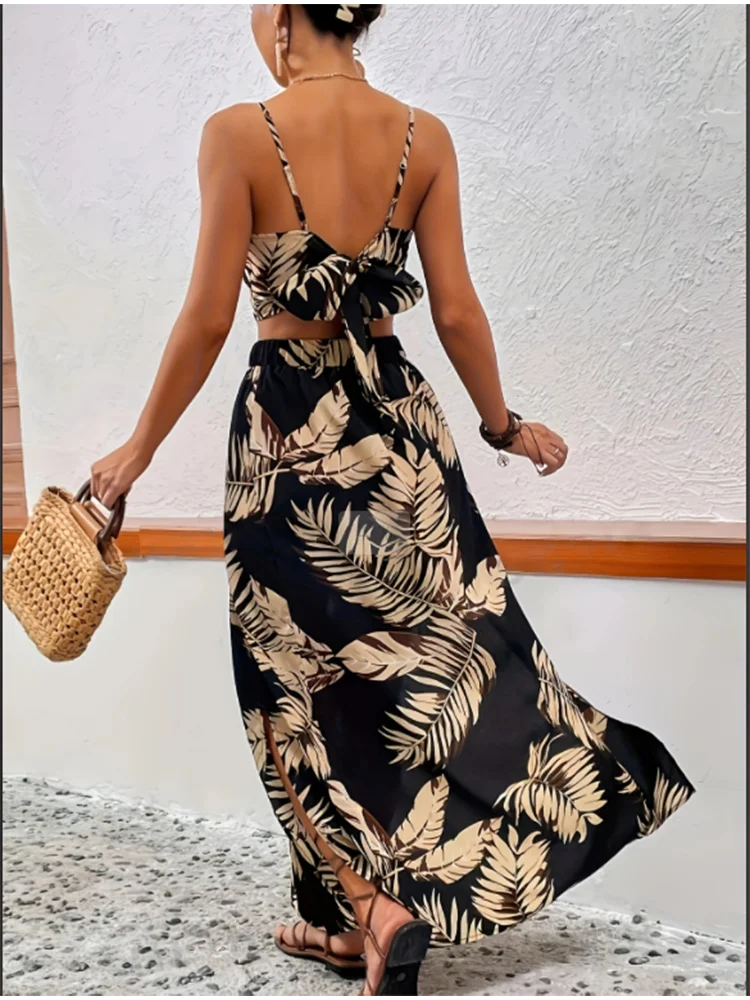 Women's Sleeveless Low Cut V-Neck Floral Printed Skirt High Slit Sexy Two Piece Trendy Skirt Set Light Elegant Summer Set