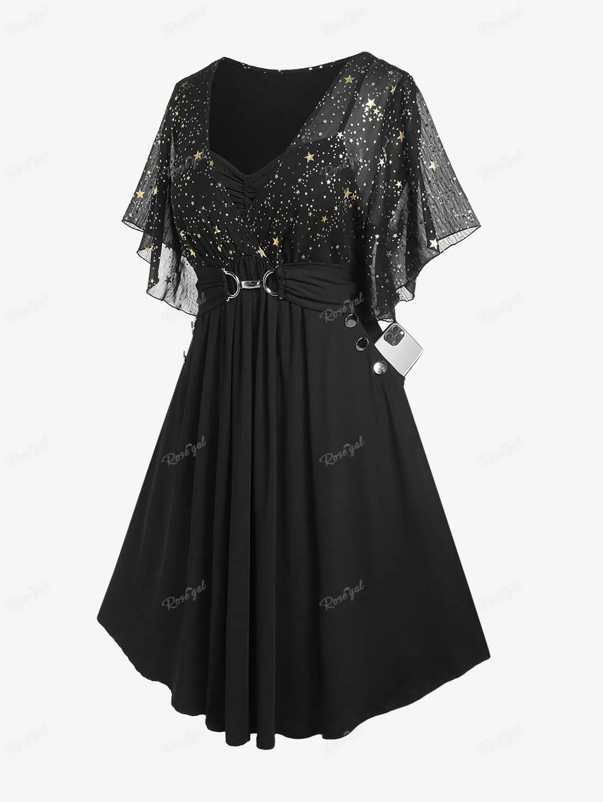 Plus Size Stars Print Buckle Button Pockets Ruched Butterfly Sleeves Dress Women Casual V-neck Collar Dresses