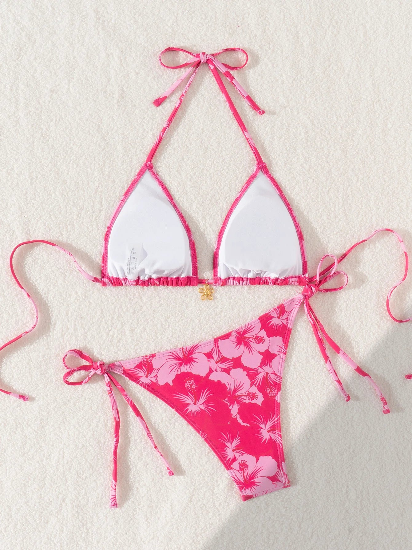 Rose Red Flower Print Bikini Set for Women  Triangle Halter Backless Swimsuit Beach Vacation Thong  Swimwear