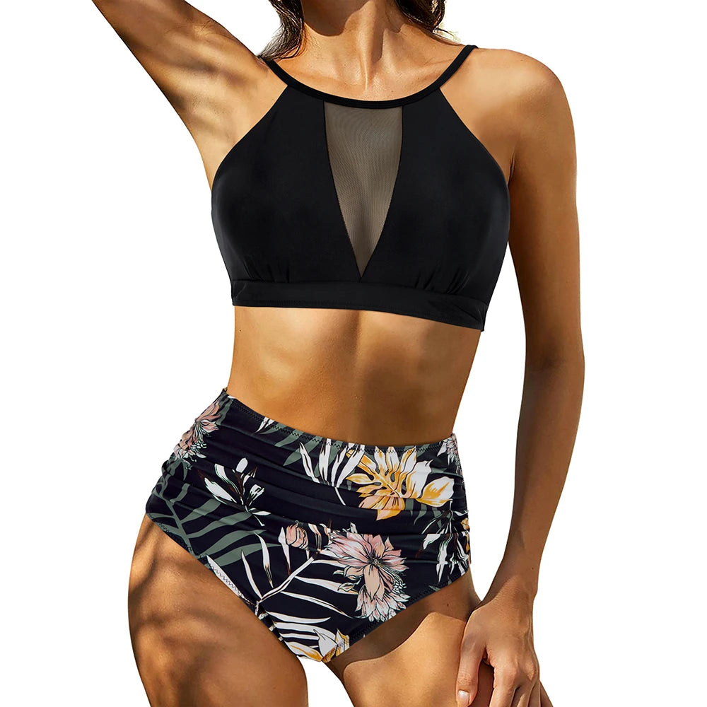 Print High-Waist Bikini Sets Swimsuit Women Sexy Lace Up Hollow Out Two Pieces Swimwear Beach Bathing Suits Women