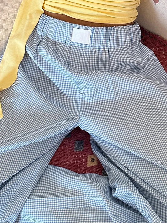 Women s Casual High Waist Wide Leg Palazzo Pants with Drawstring Elastic Waistband and Stylish Plaid Print