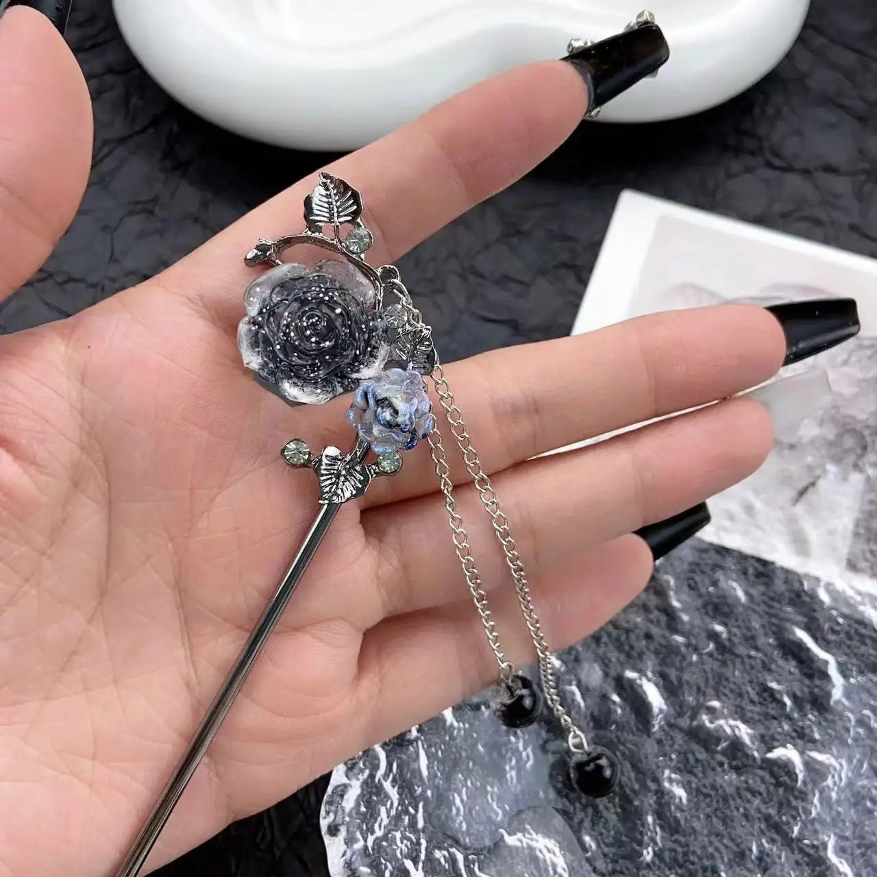 Modern Hair Stick Ink Flower Metal Tassel Hairpin Forks For Women  Beads Fringe Hair Clasp
