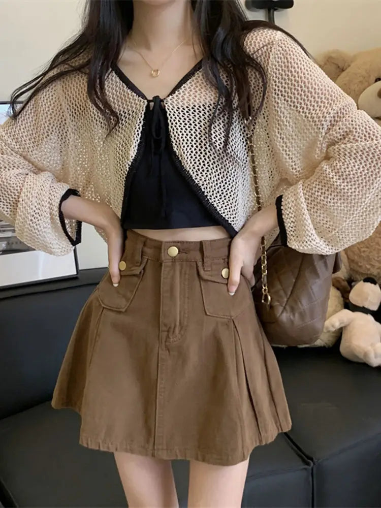 Sun Dried Knitted Cardigan for Women's Spring Thin Design Short Hollow Lace Up Long Sleeved Top