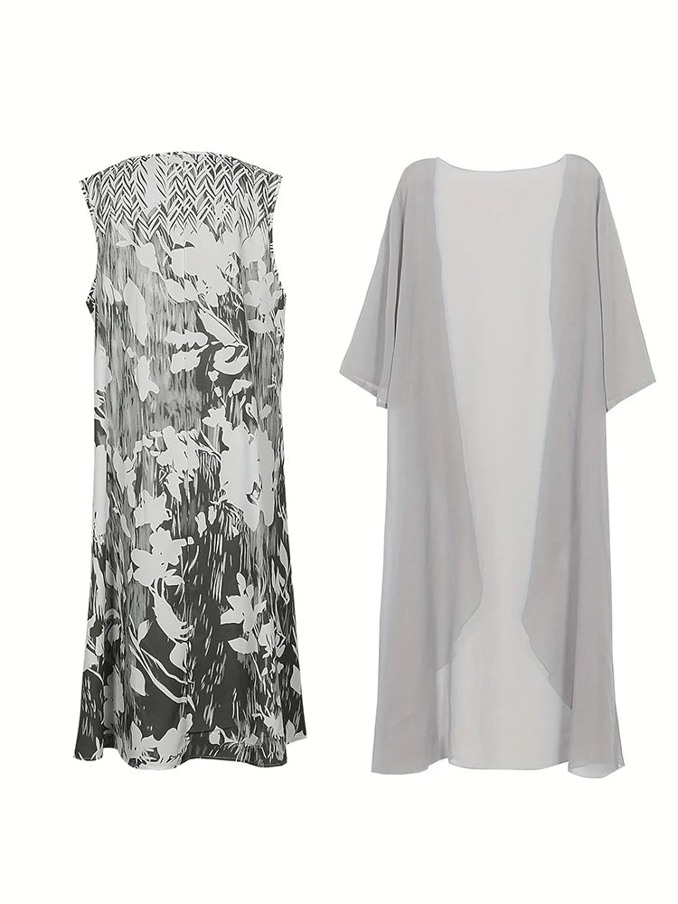 Plus Size Women's Floral Printed Long Dress Printed Pattern Two-piece Dress Round Neck  Elegant Dress