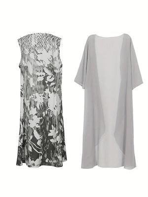 Plus Size Women's Floral Printed Long Dress Printed Pattern Two-piece Dress Round Neck  Elegant Dress