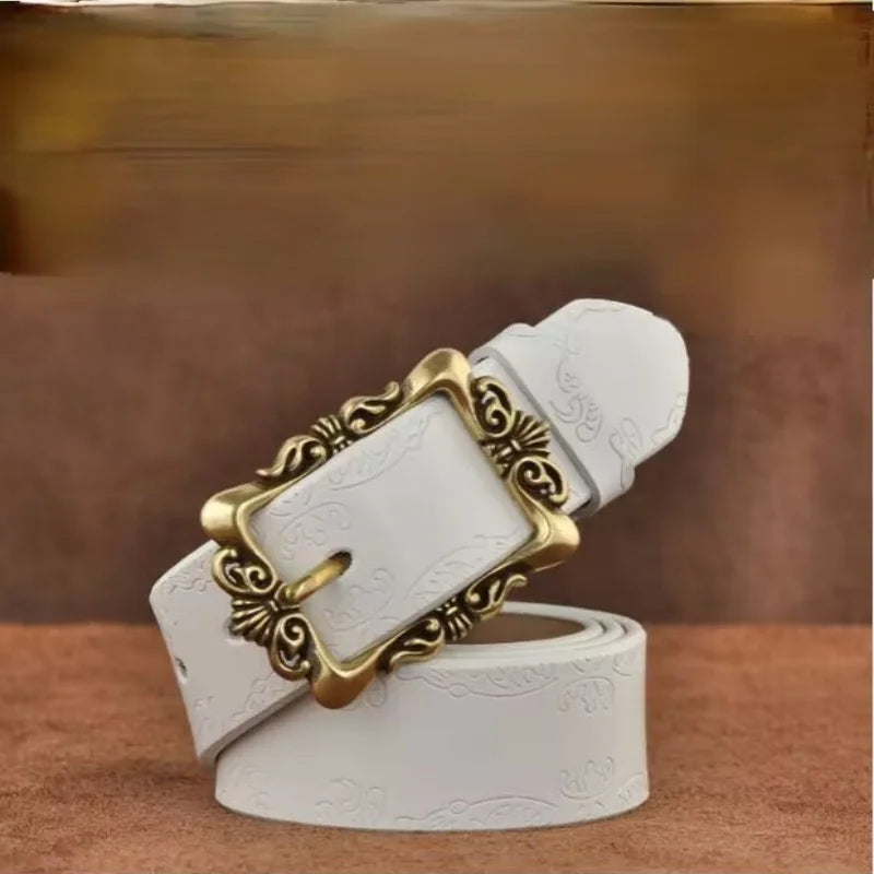 Ladies' PU belt retro carved flower belt, light luxury charming style, needle buckle simple belt