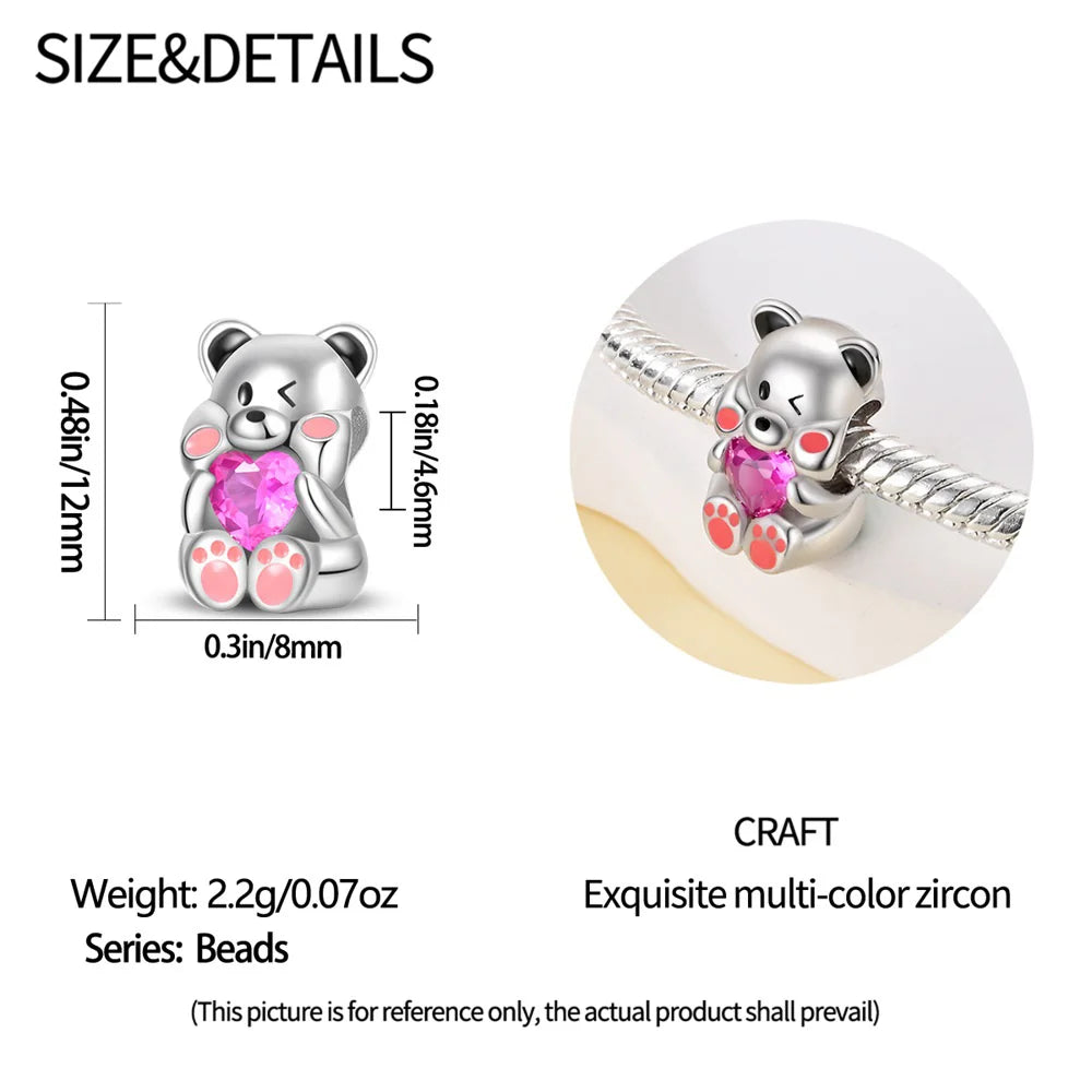 925 Sterling Silver Cartoon Cute Baby Bear Heart Shaped Beads Fit Pandora Original Bracelet