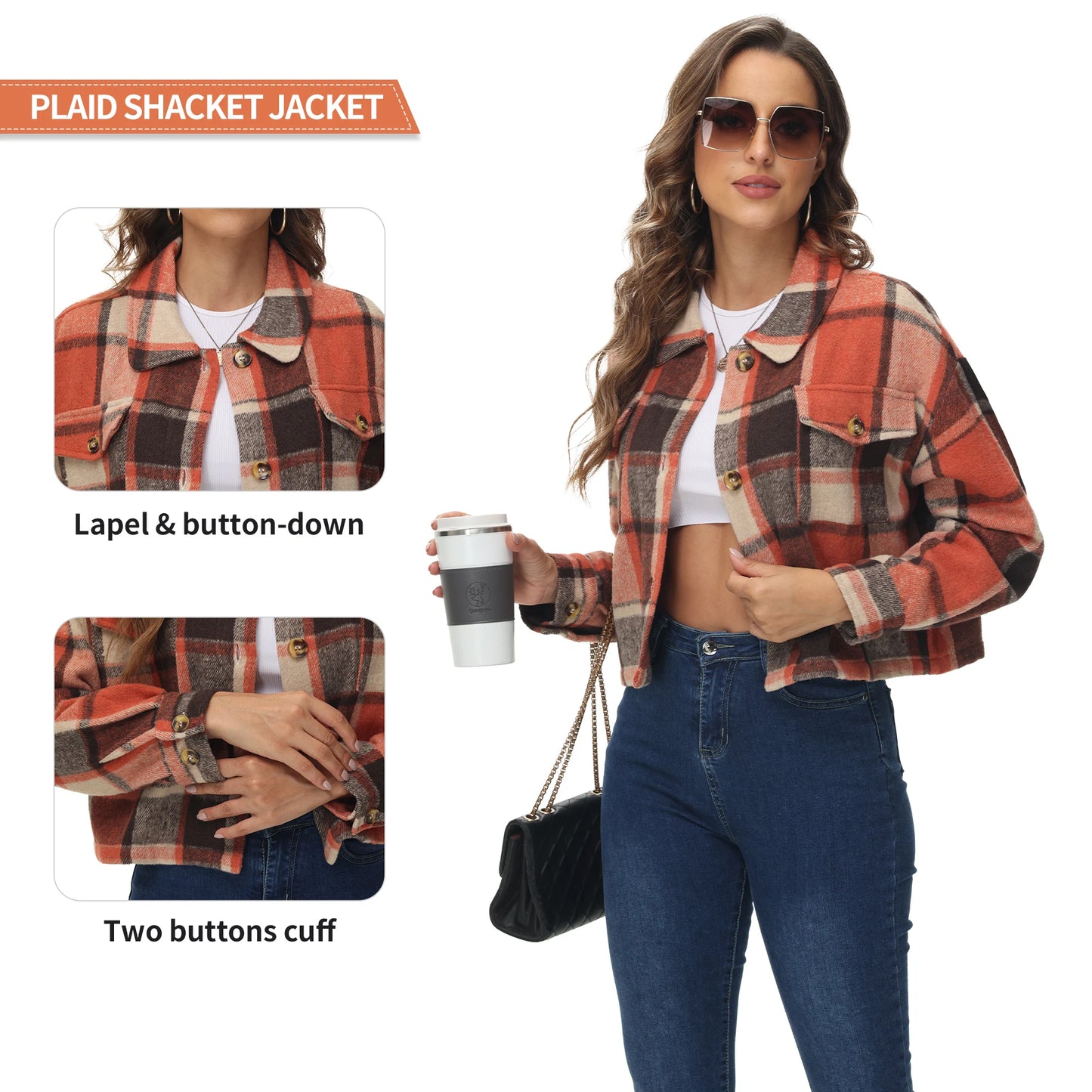 Oversized Plaid Shacket - Cozy Long Sleeve Button Down Jacket with Pockets Cropped