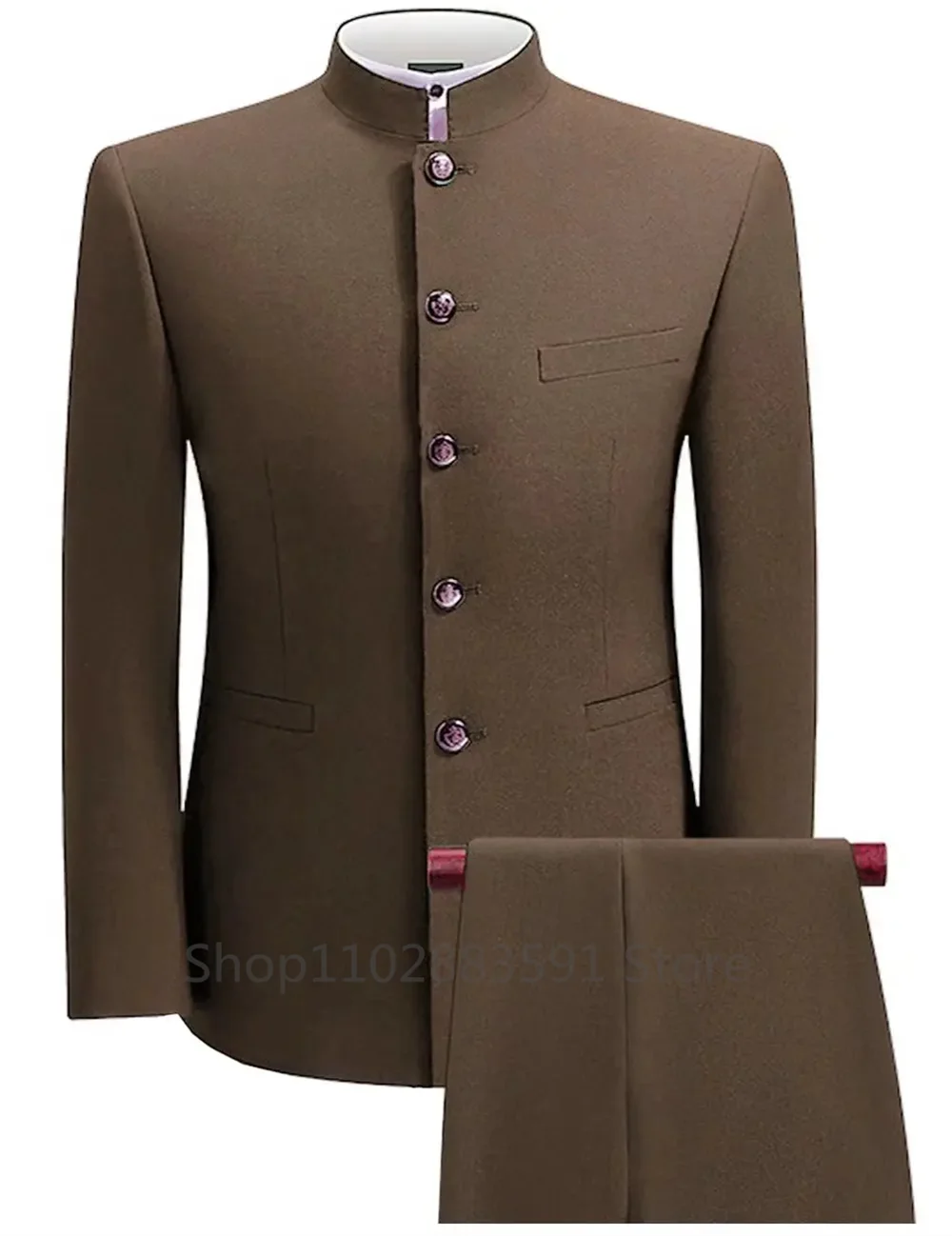 Formal Men's Business 2 Pieces Blazer + Pants Stand Lapel Men's Jacket Flat Suit Slim Fit Coat Groomsmen Party
