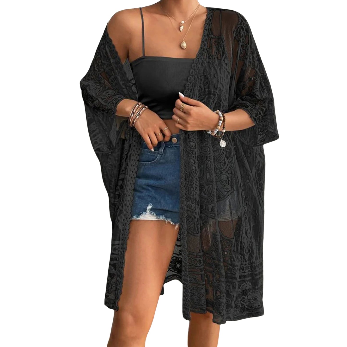 Women s Floral Lace Kimono Cardigan with 3 4 Sleeves and Open Front Sheer Mesh  Bikini Cover-Up