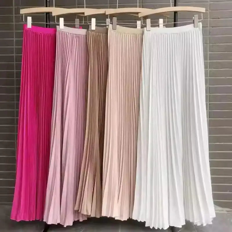 Elegant Pleated Skirt High Waist Women's Long Skirt Ladies High Quality Midi Skirt