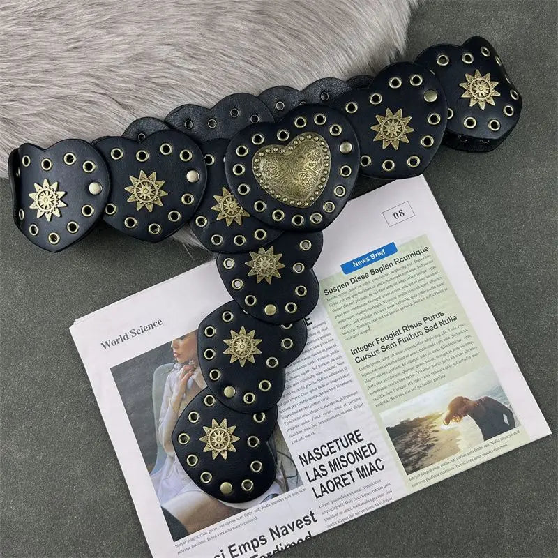 American retro Western cowboy style heart belt decoration  street style fashion metal rivet belt width