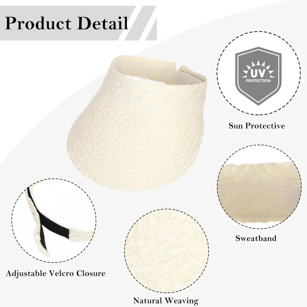 Womens Sun Hat Straw Visor UV Protection Wide Brim Packable Travel Summer Cap for Beach
