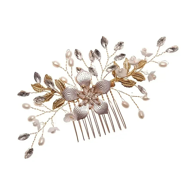 Pearl Flower Hairpin Side Comb Golden Leaf Shaped Alloy  Insert Jewelry Comb Hair Jewelry Bride Headwear