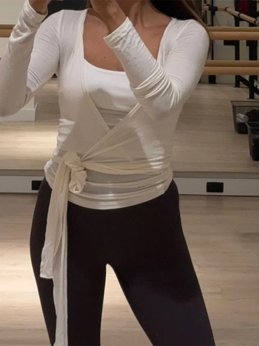 Elegant Women s Deep V Neck Cross Wrap Tie Top with Long Sleeves Solid Color