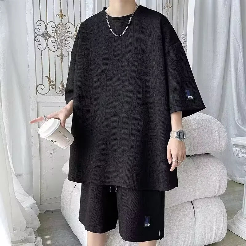 Men's sets Waffle Summer Casual T shirt  + Shorts Suit basketball Tracksuit Letter print Solid color tracksuit loose suit