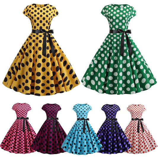 Women Vintage 1950s 60s Polka Dot Print High Waist A-line Swing Party Dress Retro Short Sleeve With Belt