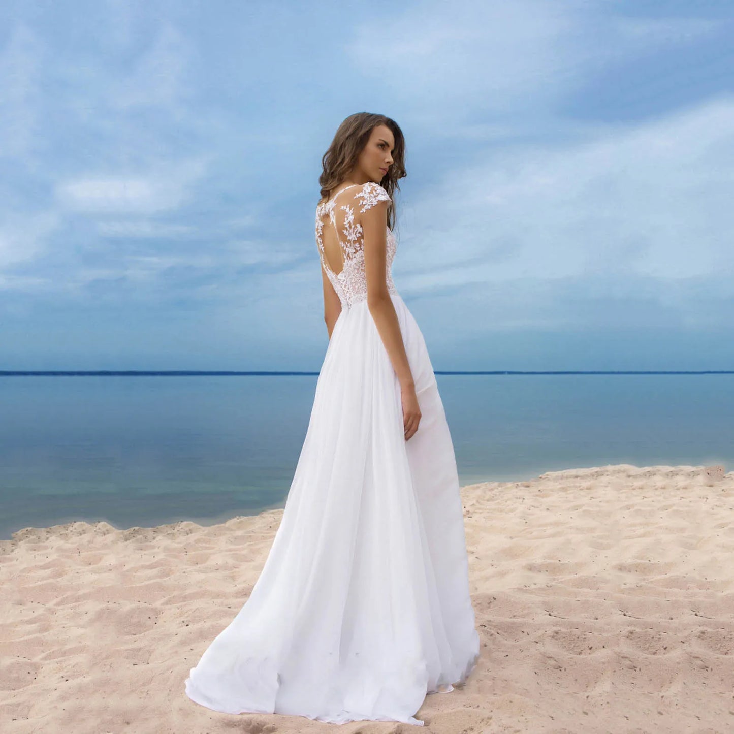 Women's Elegant Lace Backless Maxi Evening Dress Solid Color V Neck High Waist Wedding Party Sexy Bridesmaids White Dresses