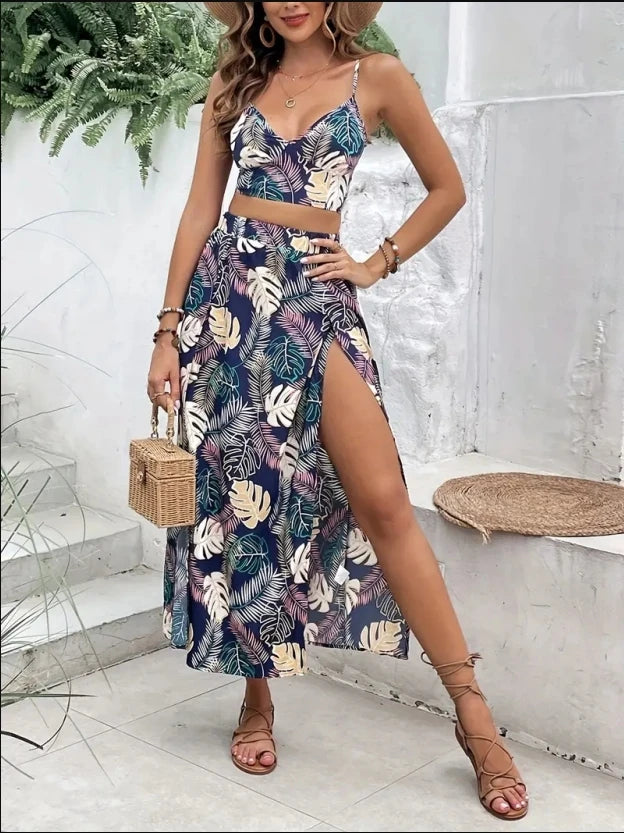 Women's Sleeveless Low Cut V-Neck Floral Printed Skirt High Slit Sexy Two Piece Trendy Skirt Set Light Elegant Summer Set