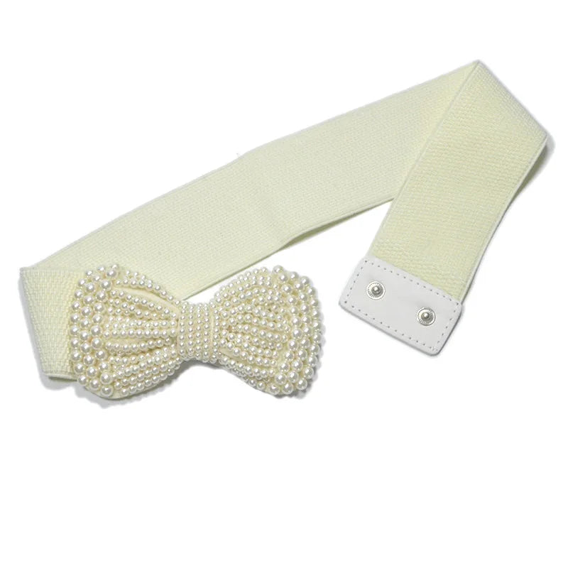 Women's Elastic Wide Belt Pearl Waist Cover Versatile Dress Decoration High Quality Wide Pearl Bow