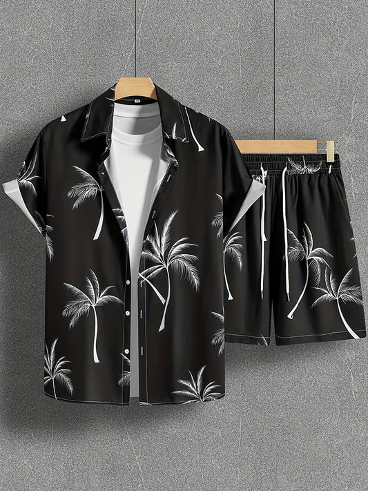 Fashion Hawaii Set Coconut Print Men's Shirt 2 Piece Luxury 3D Holiday Set Short Sleeve Casual Shirt Beach Two Piece Men's Set