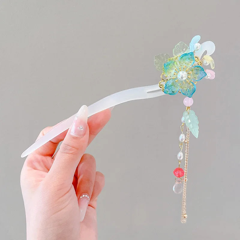 Elegant Chinese Style Hair Accessory Romantic Enameled Flower Tassel Hair Pin Alloy Jewelry Hairpin For Women Fashion Hairpin
