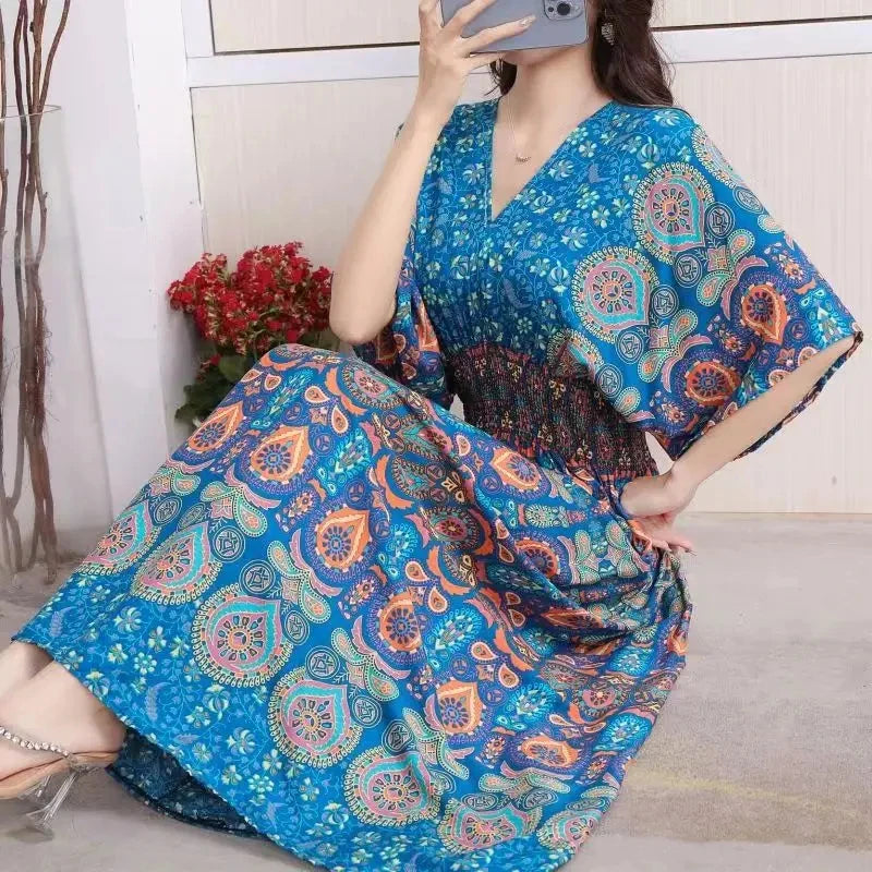 Colorful Flower V-neck Elastic Youthful Bohemian Sweet Midi Dress Woman Clothes Chic Fashion Summer Dresses