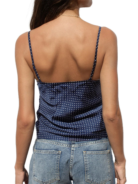 Sleeveless Polka Dot Print Lace Trim Crop Top Spaghetti Strap Camisole  Lingerie