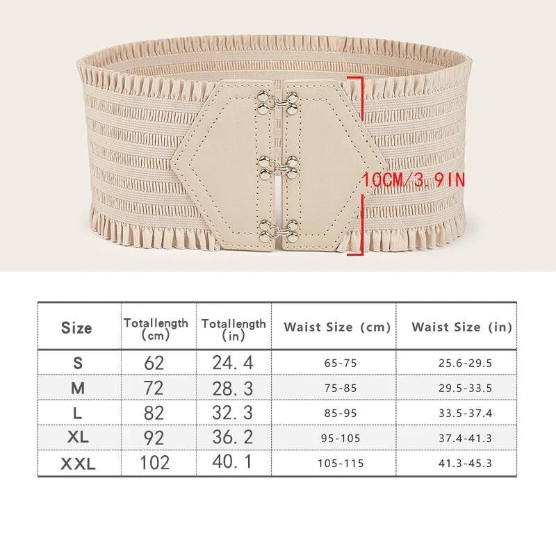 Vibrant Triple Buckle Elastic Waistband Ruffles Wide Belt - Elegant Decorative with Adjustable Strap