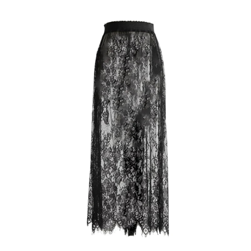 Floral Lace Maxi Skirt with Elastic Waistband and Sheer Mesh Overlay - Perfect for Layering Under Dresses