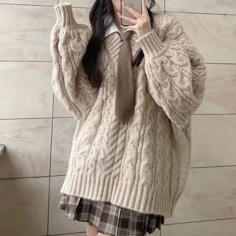 Women's Sweater  Oversized Knitted Pullovers Long Sleeve V Neck Knitwear Preppy Solid Loose Jumper