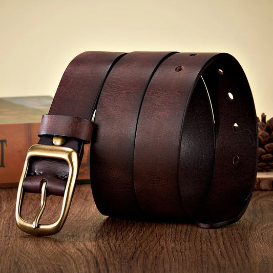 3.3CM High Quality Natural  Cow skin Genuine Leather Belt  Casual Copper Buckle