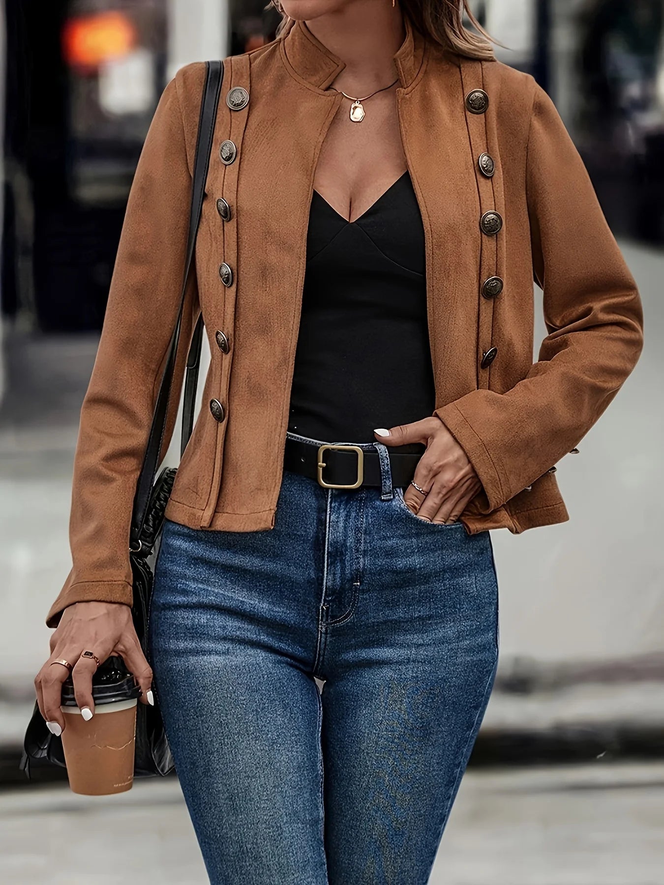 solid color decorative double breasted jacket deer fur velvet retro long sleeved jacket