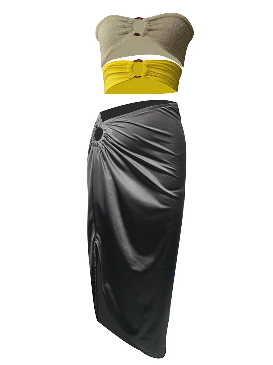 Women s Summer 2 Piece Set Off Shoulder Crop Top and High Waist Ruched Skirt Matching Outfit
