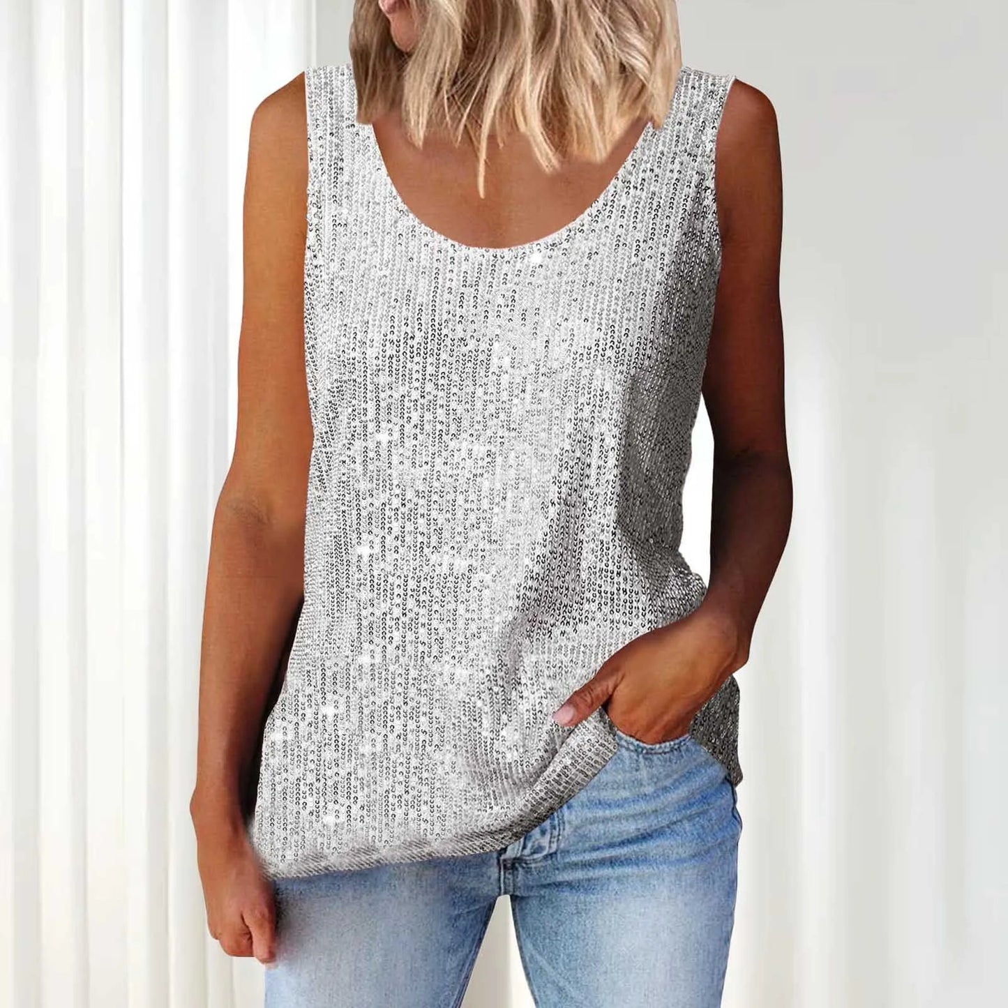 Sequin Women Summer Tank Top Fashion Round Neck Sleeveless Tanks Tops Women Blouses