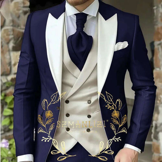 Classic Men's Suit 3 Piece Tuxedo Peaked Lapel Groomsmen Wedding Suits Set Fashion Men Business Blazer Pants Vest