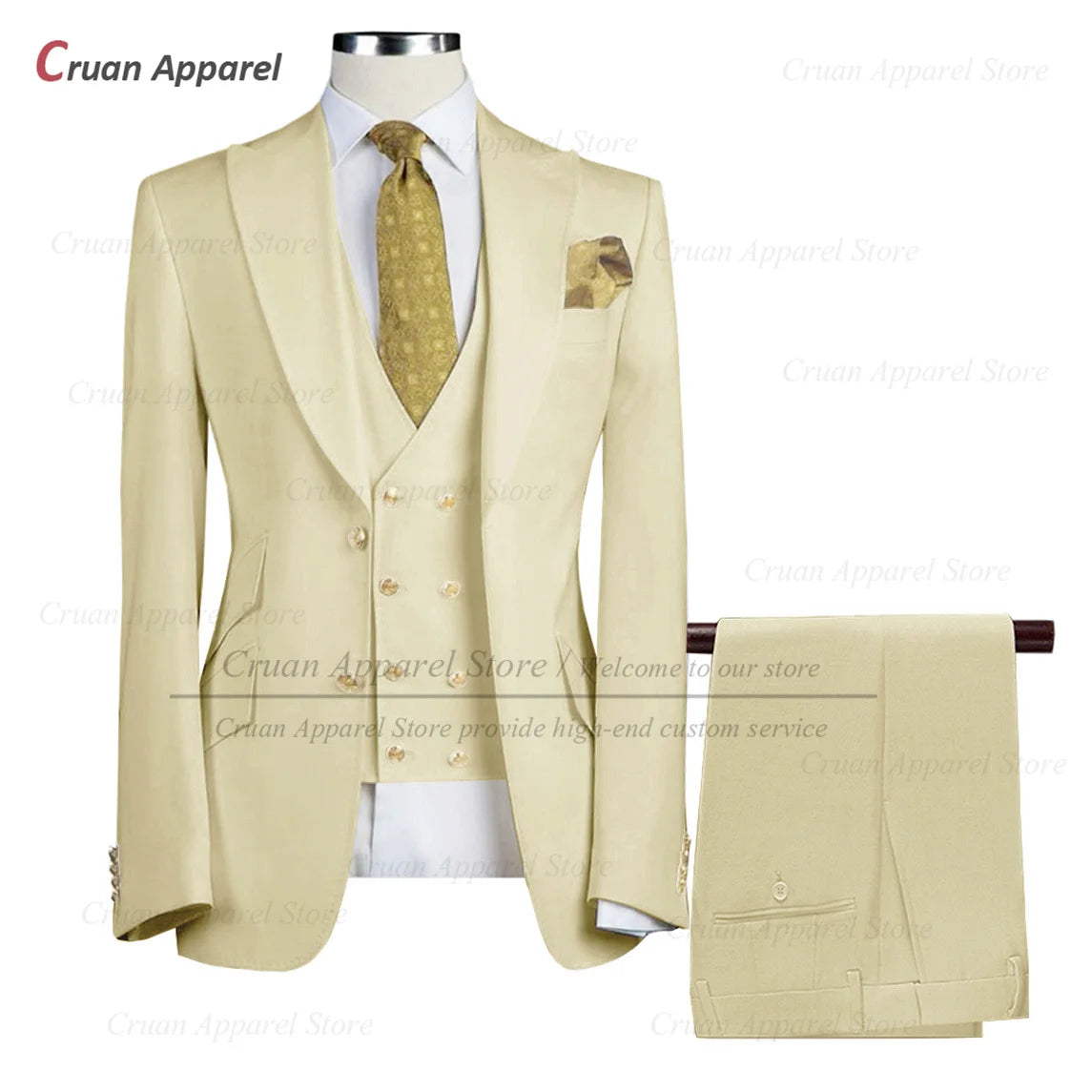 Tailor-made Brand Suits for Men Slim fit Prom Wedding Groom Tuxedo Set Party Gold Buttons Blazer Vest Pants 3 Pieces