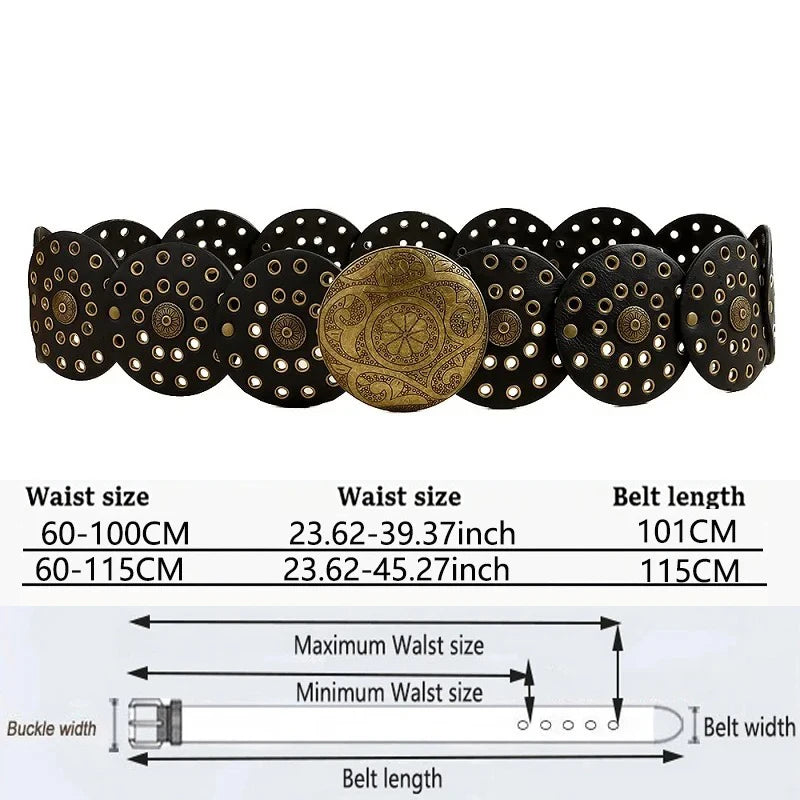 Women's Western Denim Belt High Quality Metal Hollow Ladies Trend Wide Waistband Vintage Personalized Round Belts