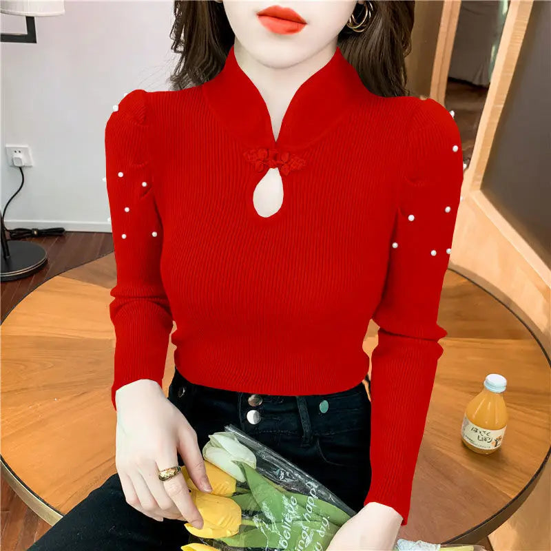 Button Beading Hollow Out Puff Sleeve Shirts