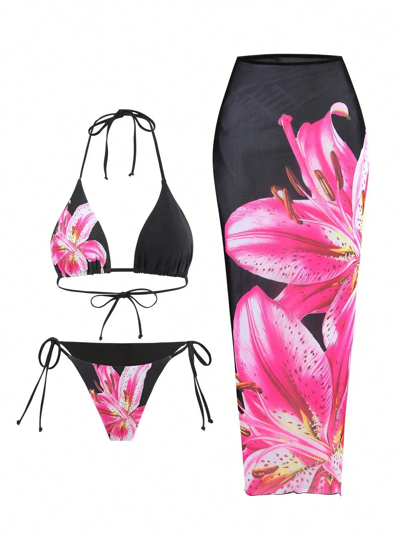 Flower Print Bikini Set Women's High Waist Long Skirt 3 Piece Swimsuit  Mini Triangle Backless Thong Bathing Suit