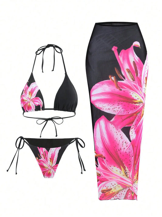 Flower Print Bikini Set Women's High Waist Long Skirt 3 Piece Swimsuit  Mini Triangle Backless Thong Bathing Suit