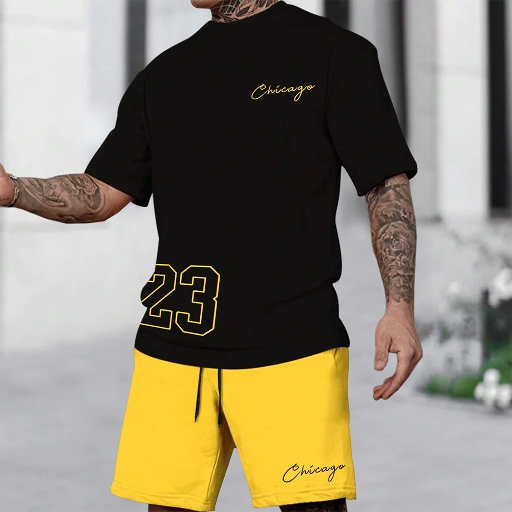 summer men's T-shirt shorts set number print short sleeved round neck T-shirt summer casual outdoor comfortable