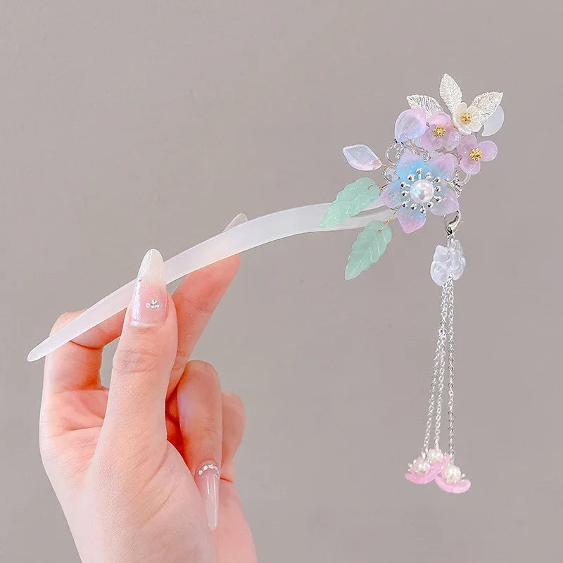 Elegant Chinese Style Hair Accessory Romantic Enameled Flower Tassel Hair Pin Alloy Jewelry Hairpin For Women Fashion Hairpin