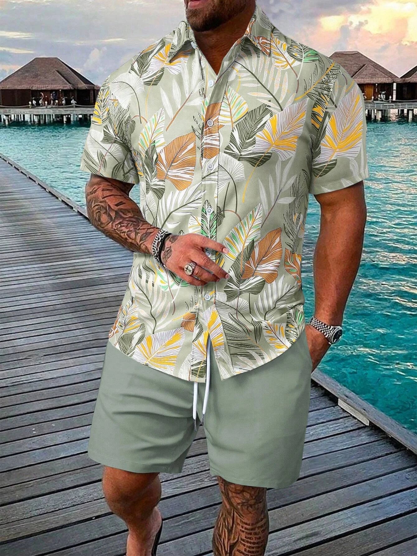 Summer Palm Tree 3D Print Men Shirts Beach Shorts Sets Hawaiian Short Sleeve Shirt Shorts 2 PCS  Hawaiian Suits Street Clothes
