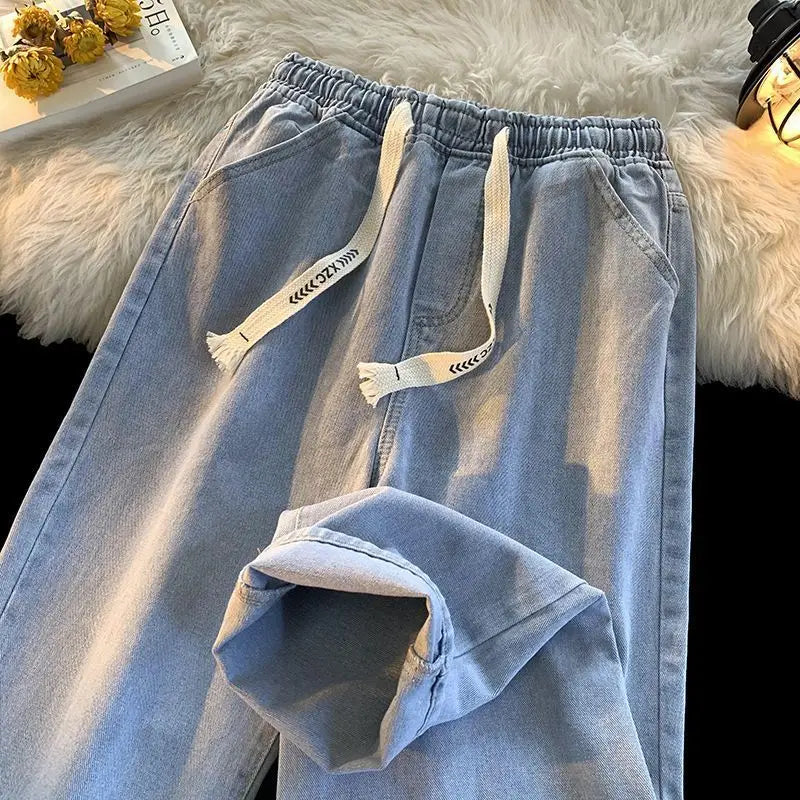 Casual  Jeans With Pockets Summer Vintage  Wide Leg Pant Drawstring Loose Trousers