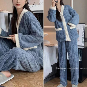 2pcs/Set Autumn And Winter Pajamas Women Thickened Padded Warm Velvet Suit Cardigan Trousers