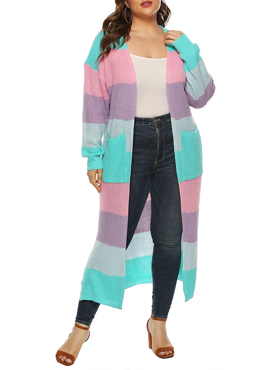 Women s Open Front Long Cardigan Sweater with Pockets Long Sleeve Contrast Color